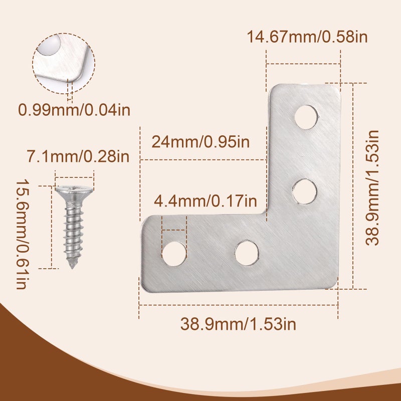Pxyelec Flat L Shape Corner Brace, 4 Holes Angle Plate Bracket for Wooden Furniture Repair Connector Fixing, 40x40mm (1.57x1.57 inch) 20 Pack, Stainless Steel Silver Plated Joint Fixture Protector - Image 2